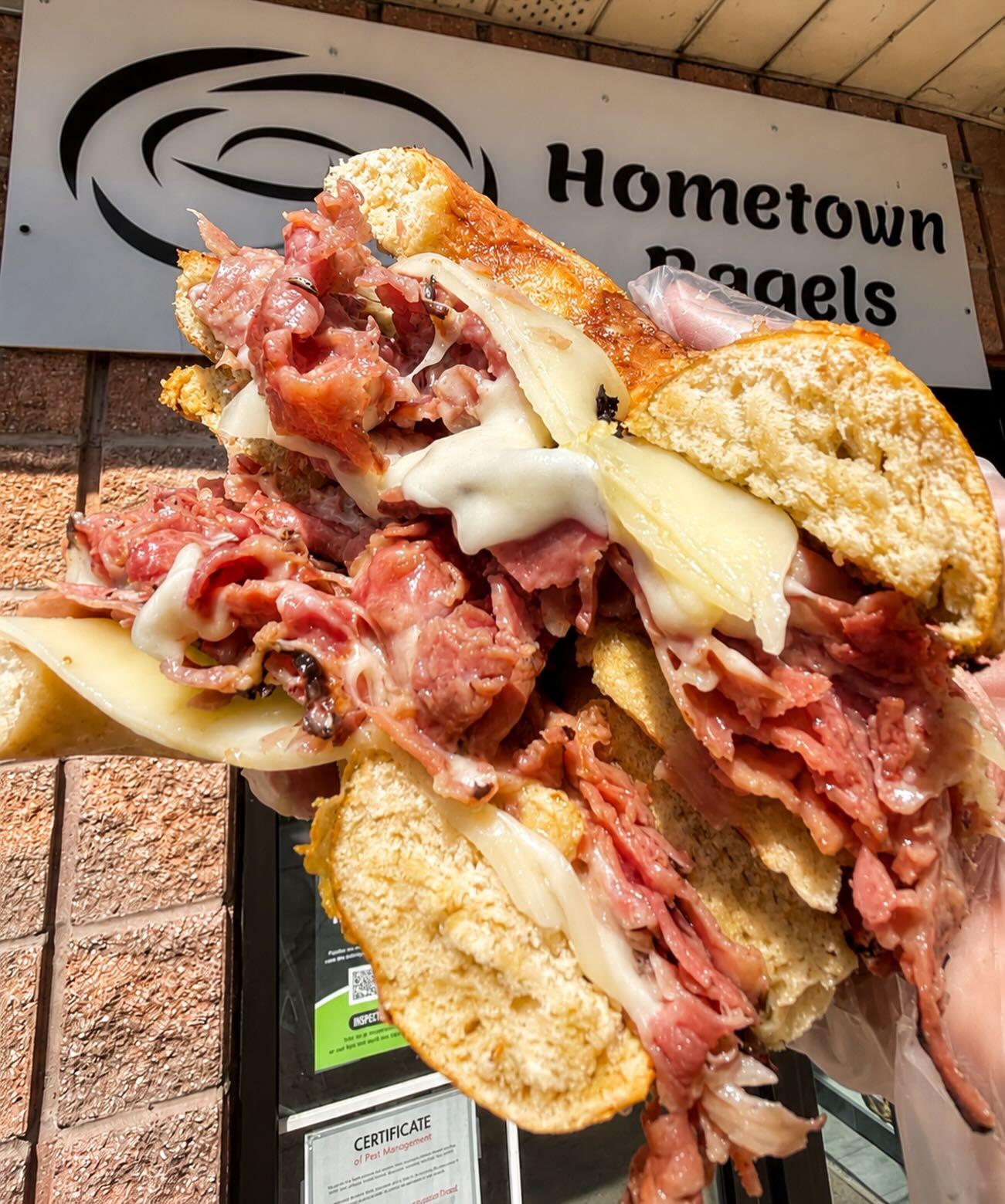 Smoked meat melt bagel sandwich Smoked meat melt bagel sandwich